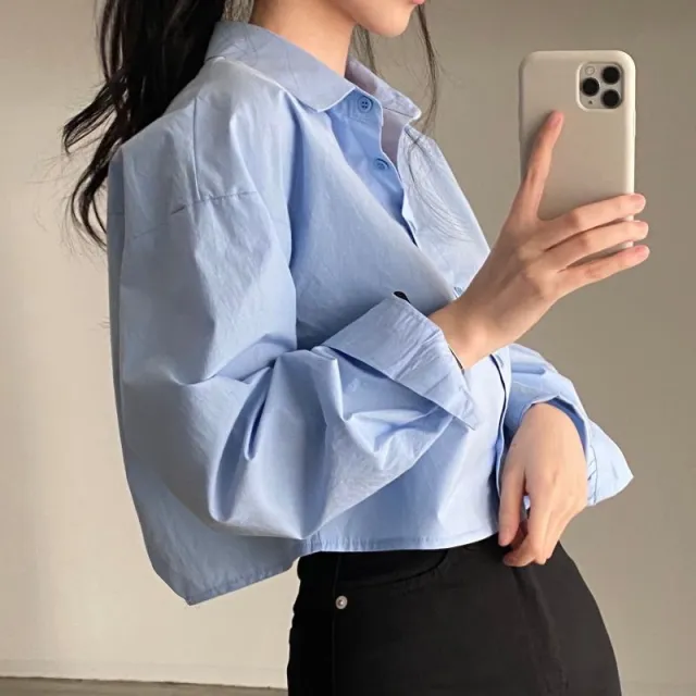 Back Slit Loose Lapels Short Long Sleeve Shirt Blue - Shop at LoveMi