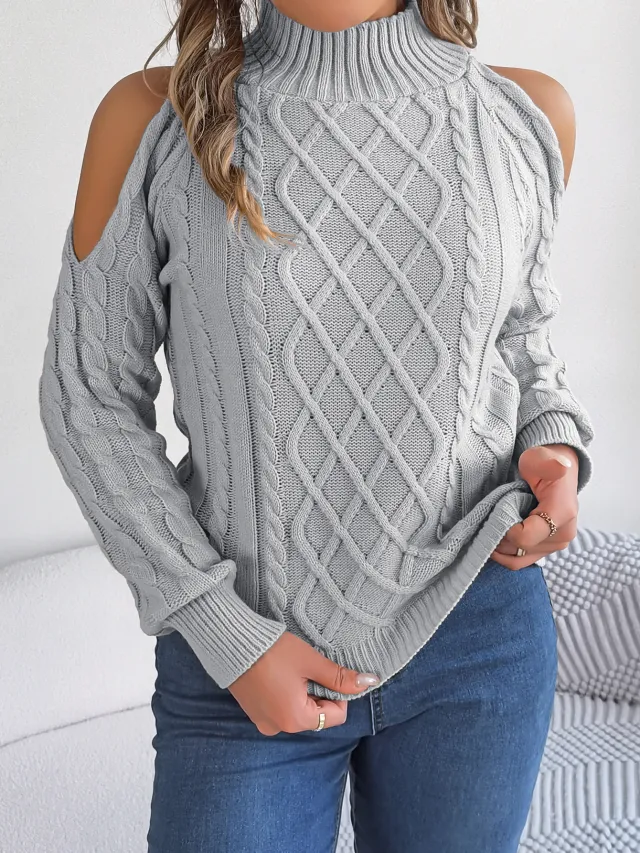 Casual Twist Strapless Half high Collar Long Sleeves Sweaters Women's Clothing Gray - Shop at LoveMi