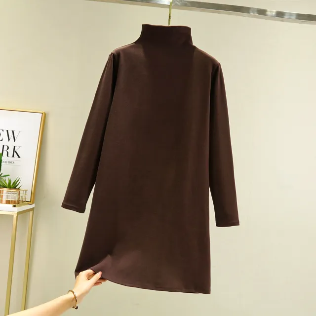 Loose Casual Long Sleeves Half high Collar Inner Match Mid length Dress Coffee - Shop at LoveMi