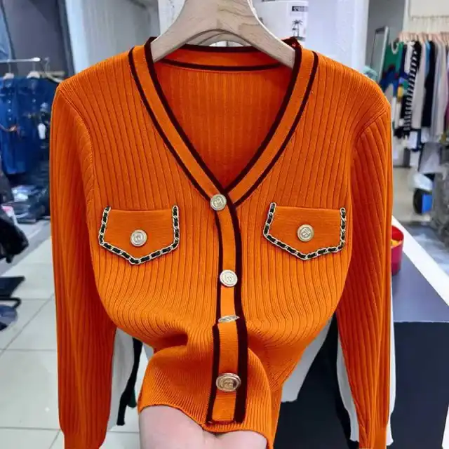 Classic Style V neck Knitted Pullover Women Slim Fit Sweater Orange - Shop at LoveMi