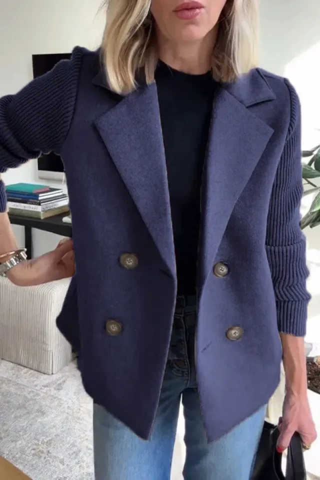 Double Breasted Lapel Jacket Fashion Knitted Sleeves Splicing Design Coat Outerwear Women's Clothing Navy - Shop at LoveMi