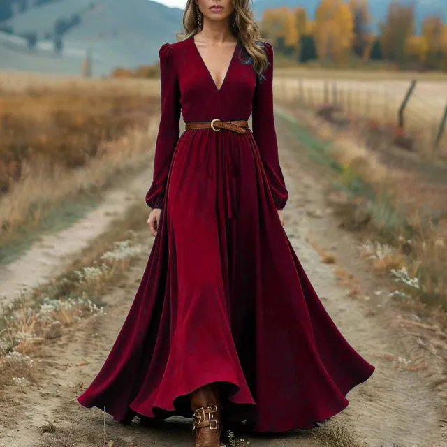 Elegant Western Style Cross Collar Long Sleeve Dress Wine Red - Shop at LoveMi