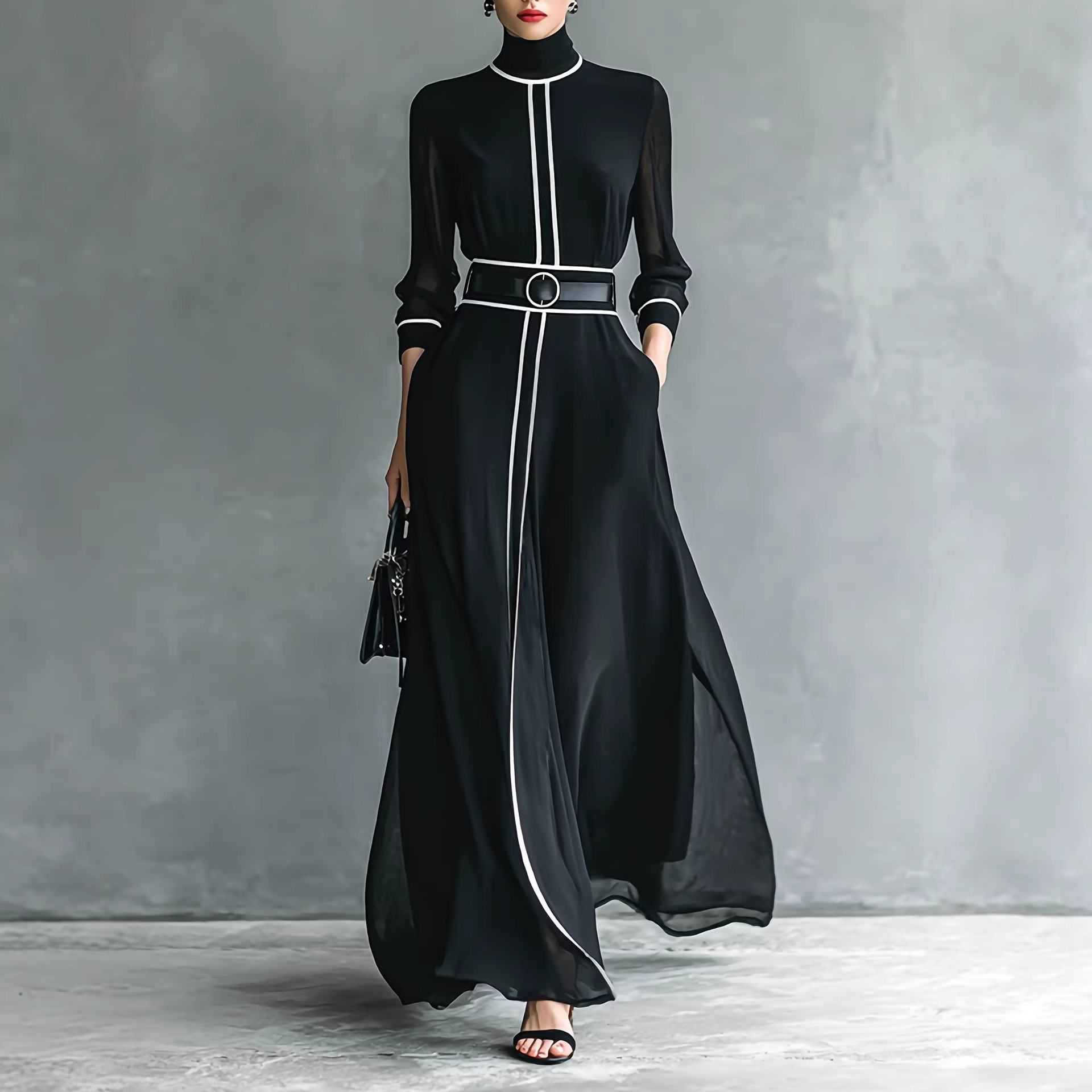 Elegant Contrast-color Dress With A High Neck And A Long Chiffon Design