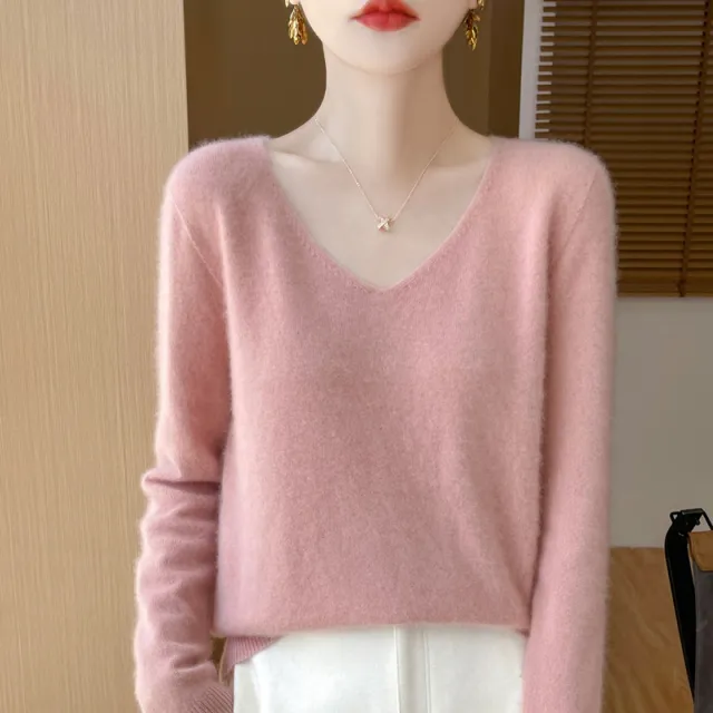 Women's Woolen Sweater V neck Loose Wool Base Shirt Leather Pink - Shop at LoveMi