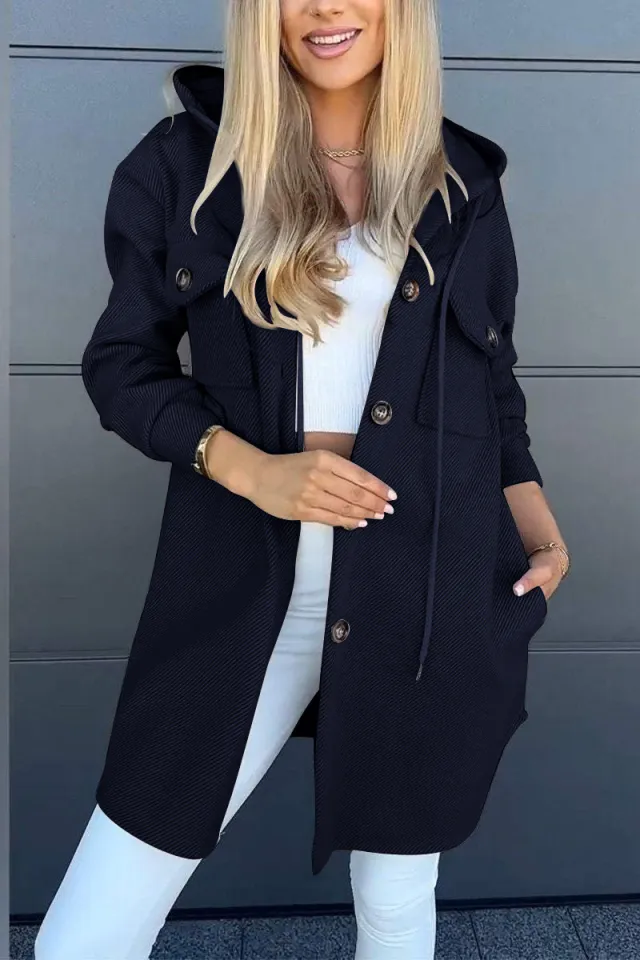 Autumn And Winter Leisure Hooded Pocket Long Sleeve Twill Jacket Black - Shop at LoveMi
