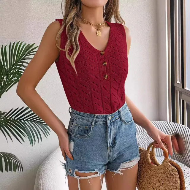 Solid Color Buttons V neck Hollow Sleeveless Top Holiday Sweater Red - Shop at LoveMi