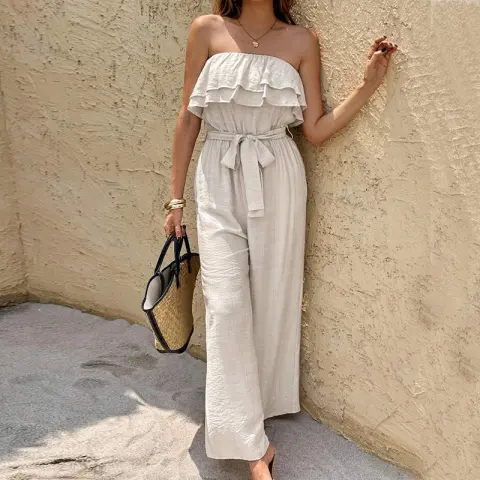 Women's Summer Sleeveless Tube Top Jumpsuit Ruffled Tied