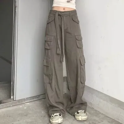 Women's American Vintage Multi pocket Distressed Loose Cargo Pants Gray Green - Shop at LoveMi