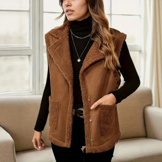 Women's Corduroy Collar Stitching Suede Vest Jacket With Side Pockets Brown - Shop at LoveMi