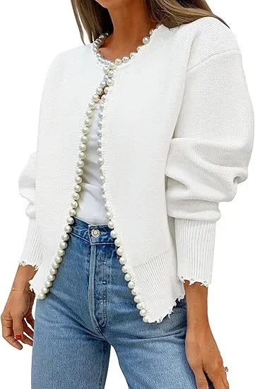 Knitted Cardigan Coat Pearl Decoration Irregular White - Shop at LoveMi