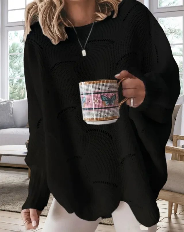 European And American Leisure Fashion Plus Size Hollow out Hook Flower Loose Solid Color Sweater Black - Shop at LoveMi