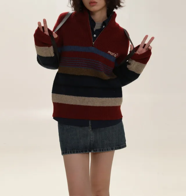 Retro College Style Half Zipped Stand Collar Hand Embroidered Striped Sweater Red - Shop at LoveMi