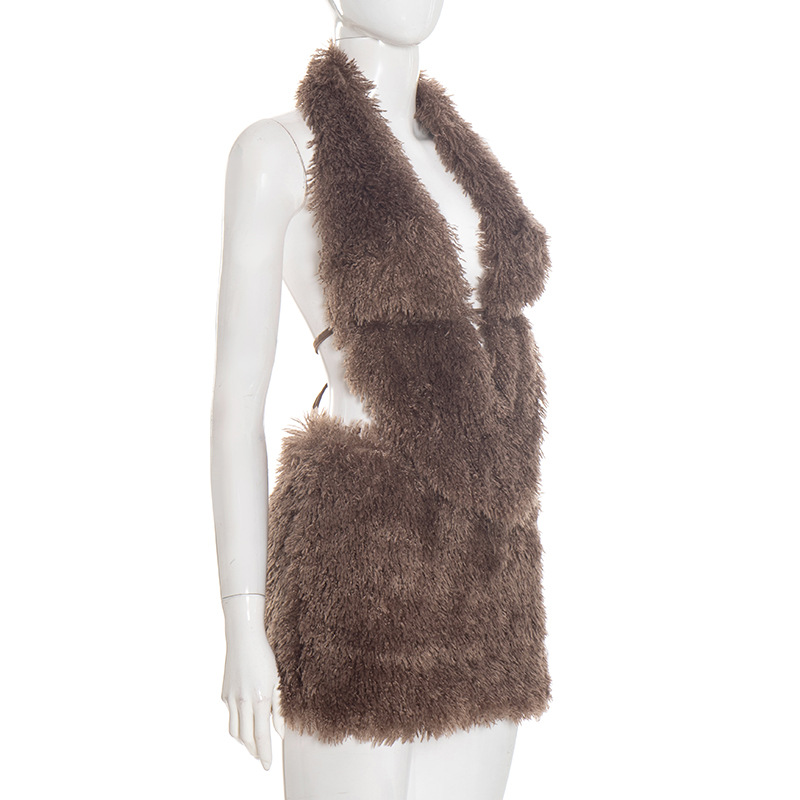 Fuzzy Collar Brown Patchwork Skirt Set for Autumn Winter Fuzzy Collar Brown Patchwork Skirt Set for Autumn Winter