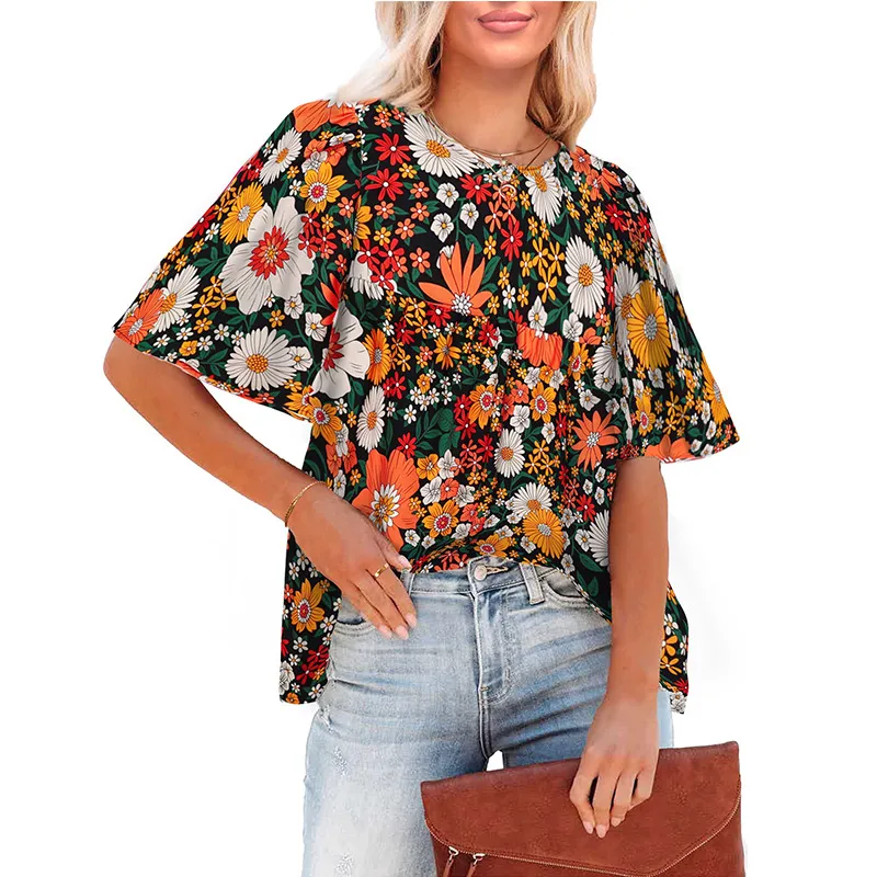 Women's Fashion Casual Floral Bohemian Little-girl Style Clothes - Black And Orange Color Flowers