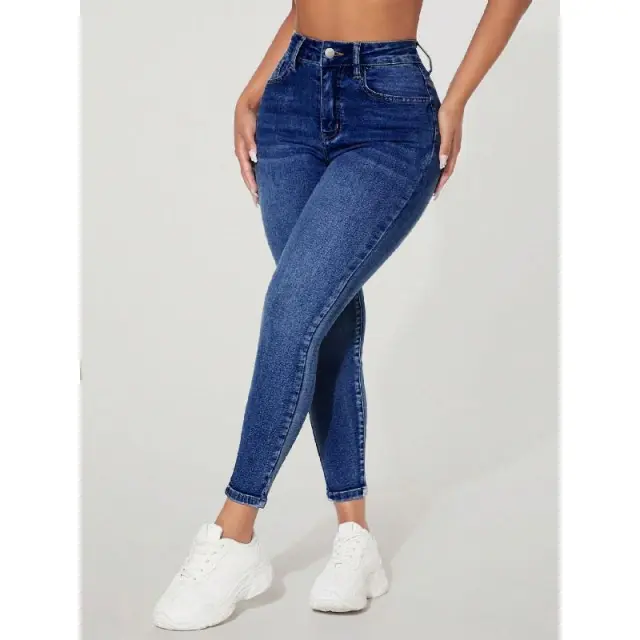 High Waist Fastener Decoration Skinny Stretch Jeans Darkwash2 - Shop at LoveMi
