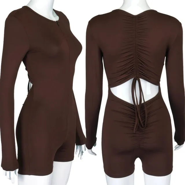 Women's Back Pleating Midriff Outfit Slim Fit Bodysuit Brown - Shop at LoveMi