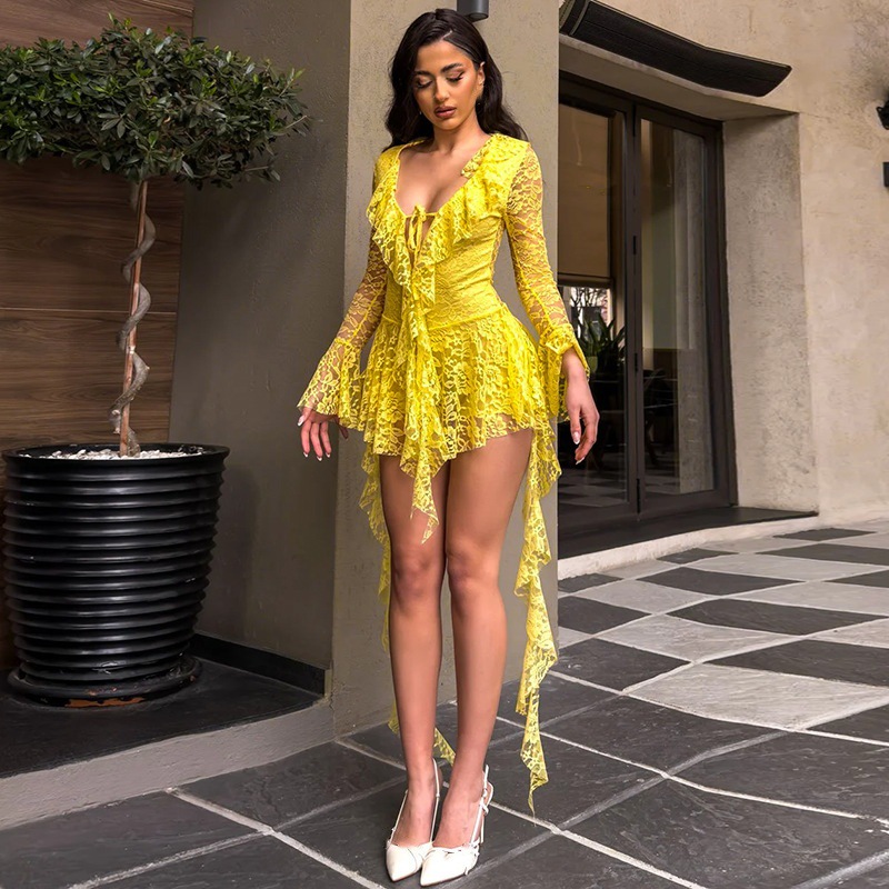 Lace up Deep V Micro cut Sleeve Tight fitting Cinched Lace Dress Yellow - Shop at LoveMi