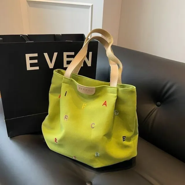 Embroidered Letter Handbag Solid Color Shoulder Tote Bag Green - Shop at LoveMi