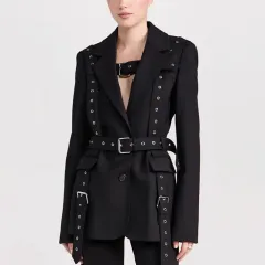 Fashionable Temperament Rivet Buckle Decorative Design Tight Waist Slimming Suit Coat Women's Suit - Black - View 1
