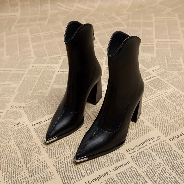 Pointed Toe Chunky Heel High grade Booties Women Black - Shop at LoveMi