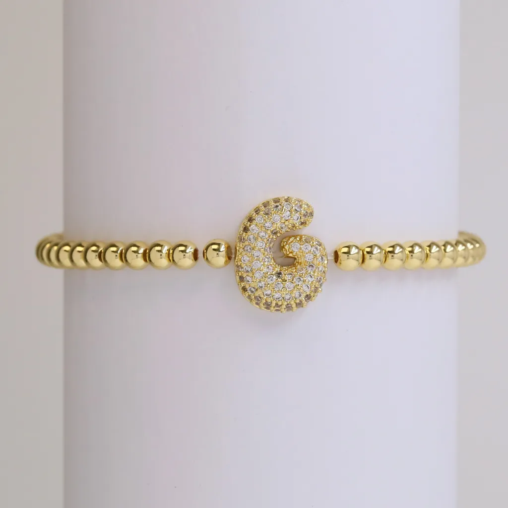 Fashion Jewellery 18K Balloon Bubble Zircon Letter Beaded Copper Bead Elastic String Bracelet - G