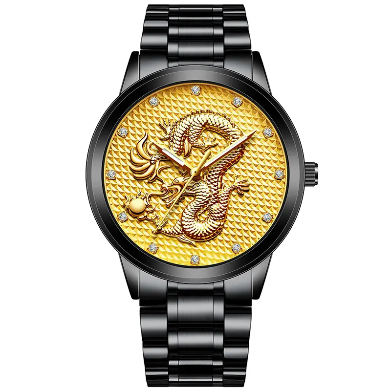 New Men's Embossed Golden Dragon Playing With Beads Diamond-inlaid Casual Business Quartz Watch