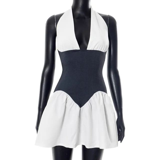Deep V Halter Lace up Backless Waist Trimming Skirt Dress White - Shop at LoveMi