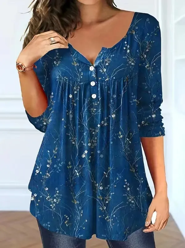 Elegant Loose Button Large Size Top Women's T shirt Blue - Shop at LoveMi