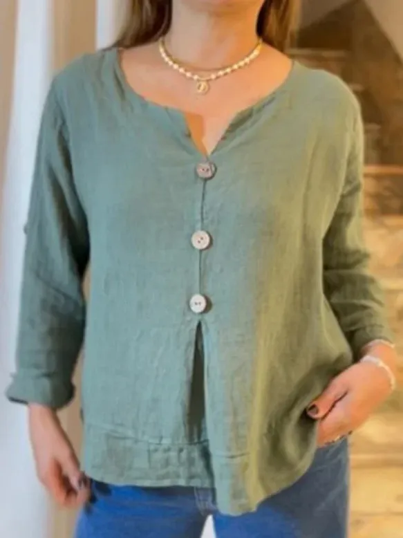 Loose Casual Cotton And Linen V neck Shirt Green - Shop at LoveMi