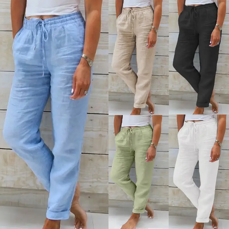 Cotton and Linen Women's High Waist Elastic Solid Color