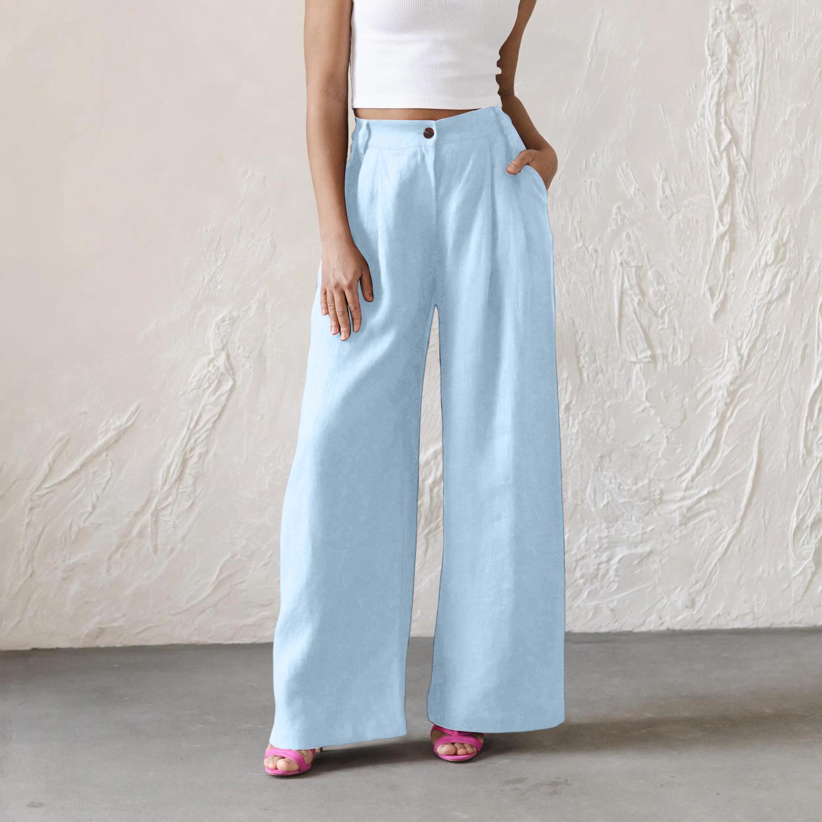 Womens Solid-Color High-Waisted Wide-Leg Pants Casual And Relaxed Fit Long Trousers