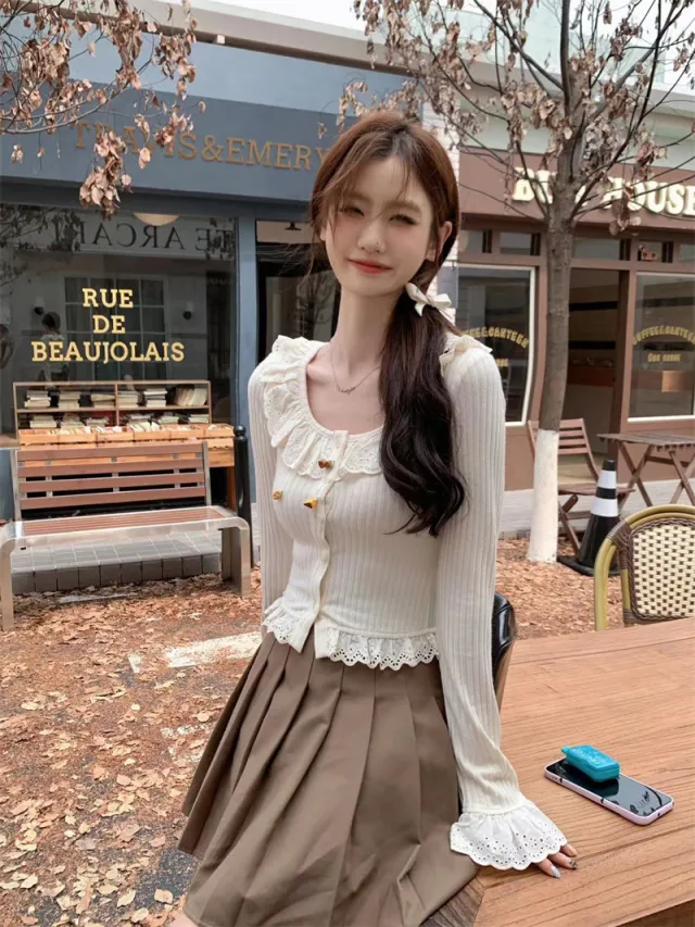Slim Fit All matching Long Sleeve Top Ruffled Knitted Cropped T shirt Tide Apricot - Shop at LoveMi