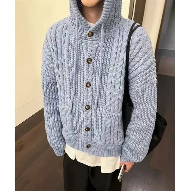 Fall Winter Hooded Knitwear Coat For Women Thickened Single breasted Knitwear Top For Women Blue - Shop at LoveMi