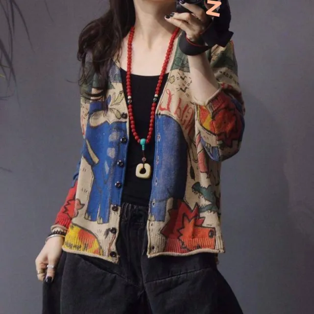 Spring Printed Knitted Cardigan Women Retro National Style Top Apricot 3919 - Shop at LoveMi