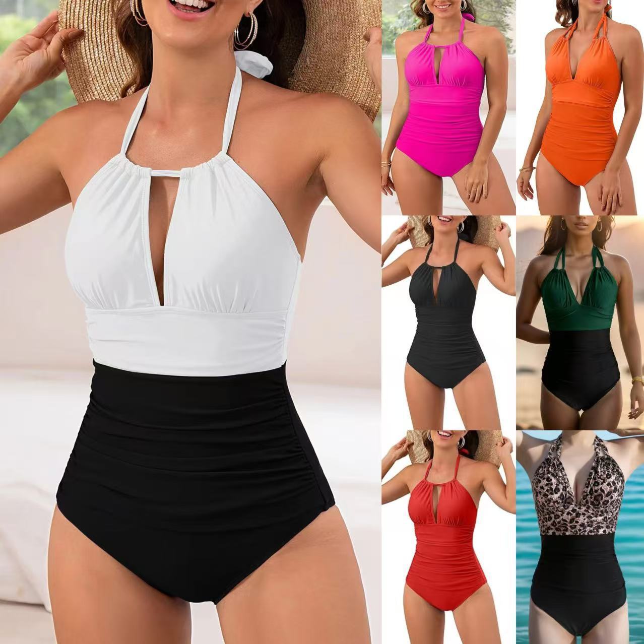 New Solid-color Halterneck Cutout One-piece Swimsuit