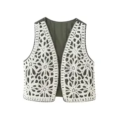 Retro Hollow Embroidery Cotton-padded Jacket Vest - Green - View 1