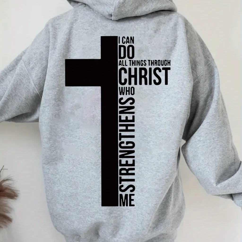 Casual Knit Polyester Hoodie For Women With Insp - Grey