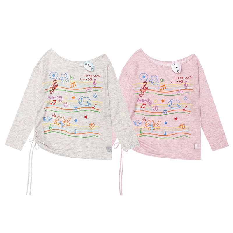 Printed Off-Shoulder Long-Sleeve T-Shirt Womens Top