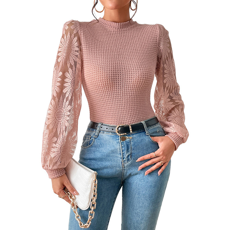 Knitwear Women's Fashionable Lace Stitching Hollow-out Long-sleeved Top