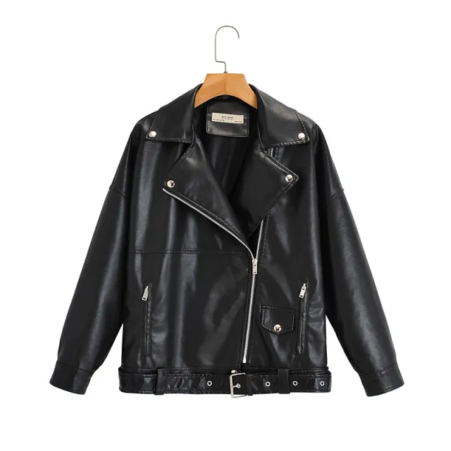 European And American Style Washed PU Leather Jacket Women Black - Shop at LoveMi