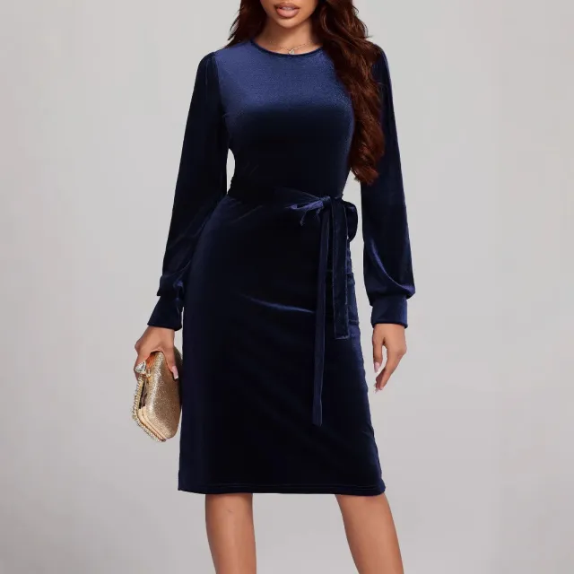 Women's Solid Color Long Sleeve Fitted Waist Velvet Dress Blue - Shop at LoveMi
