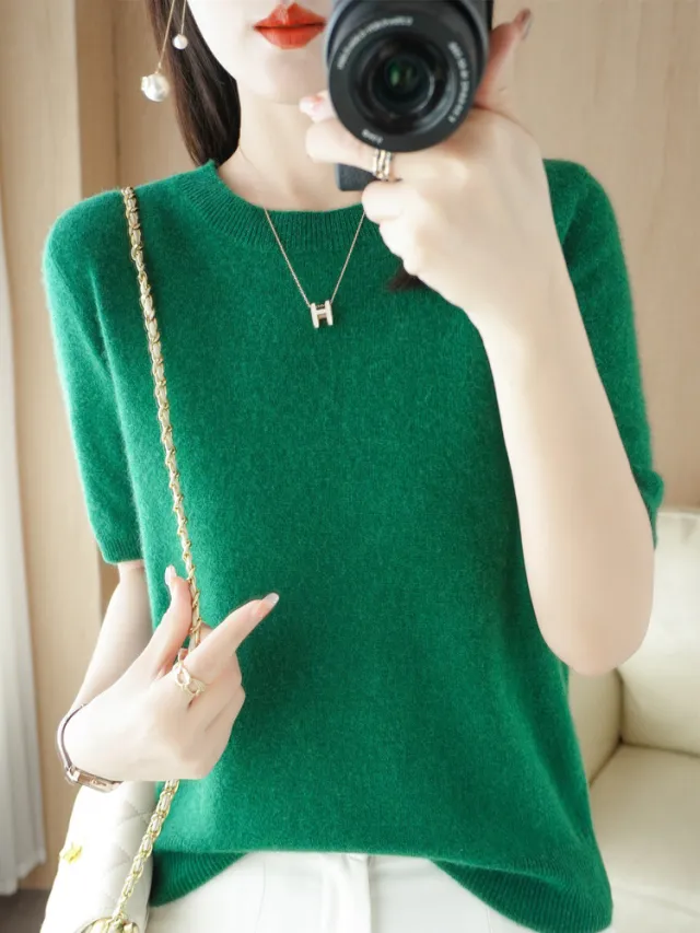 Knitted Short Sleeve Loose T shirt Inner Wear Sweater Non cashmere Bottoming Shirt Emerald M - Shop at LoveMi