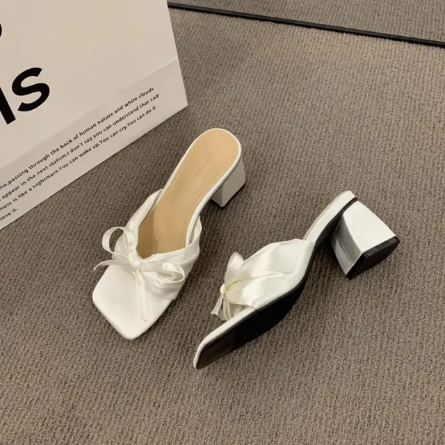 French Style High grade Satin Bow Chunky Heel Sandals Women's Outer Wear High Heels White - Shop at LoveMi