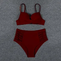 Pure Color Bikini Split Swimsuit Female European And American Sexy Lace-up Backless - Red - View 1