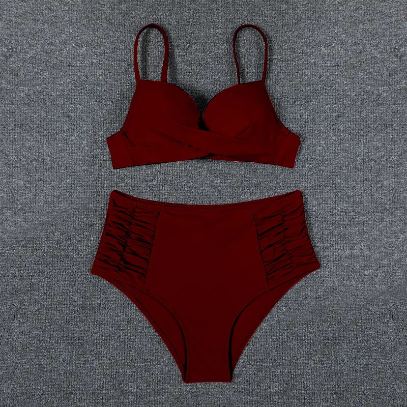 Pure Color Bikini Split Swimsuit Female European And American Sexy Lace-up Backless