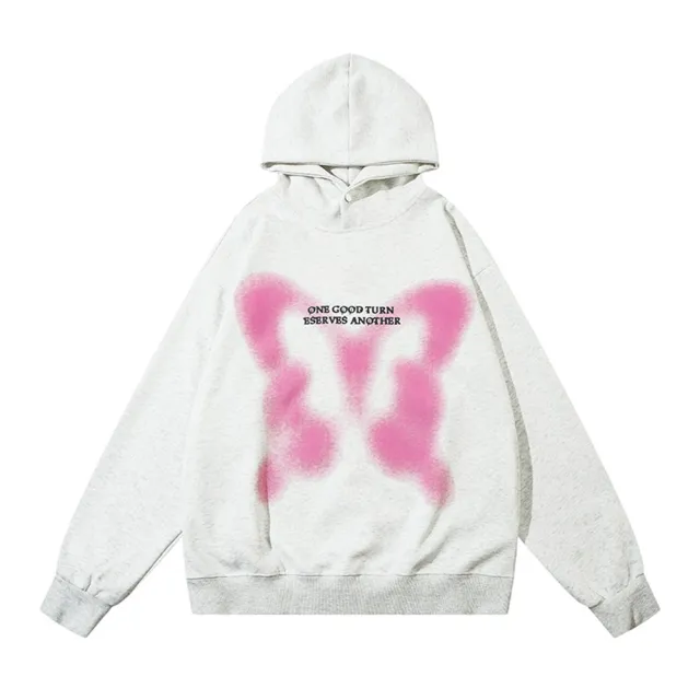 Loose Casual Butterfly Printed Hoodie Light Gray - Shop at LoveMi