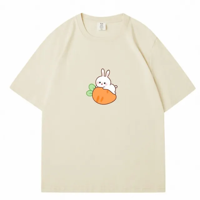 European And American Rabbit Printed Loose T shirt Apricot - Shop at LoveMi