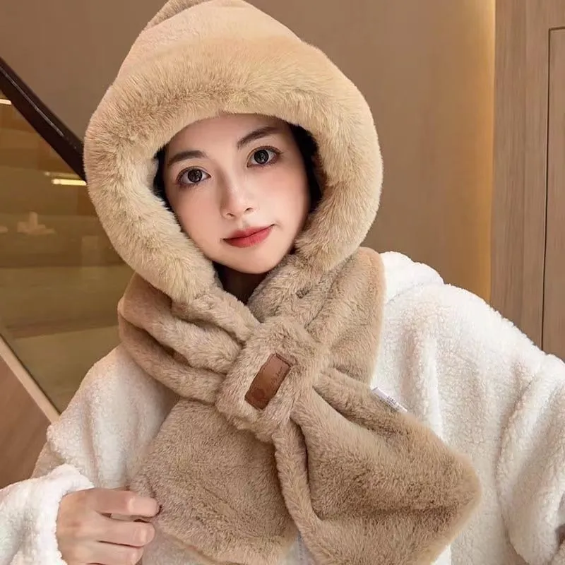 Cycling Cold Protection Ear Protection Fleece-lined Warm Hat All-match Scarf - Leather Tag Plush Bonnet Khaki