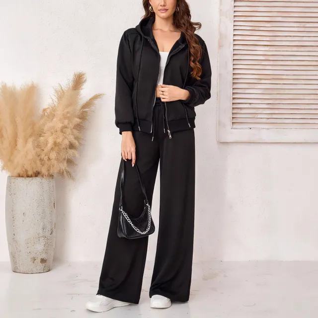Slim fit Fleece lined Hooded Double Zipper Sweater Coat And Trousers Two piece Set Black - Shop at LoveMi