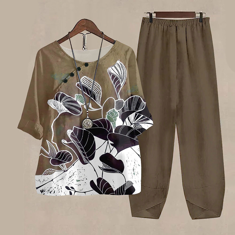 Women's Printed Loose Casual Short Sleeved Pants Set A32Tzlcch230814D - Shop at LoveMi